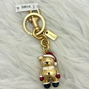 Coach Santa Bear Bag Charm Keychain Gold Red Multi-Color One Size C7099 New